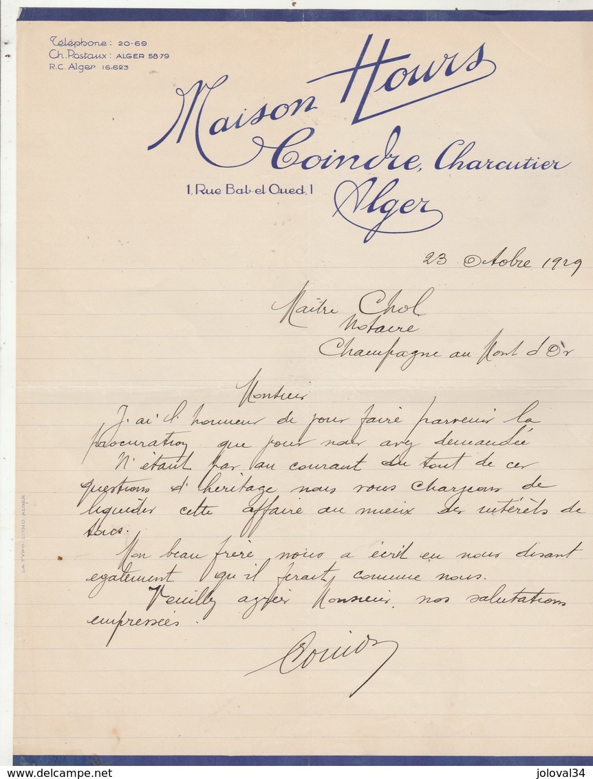 Algérie Lettre 23/10/1929 Maison Hours Coindre Charcutier  ALGER - Autres & Non Classés