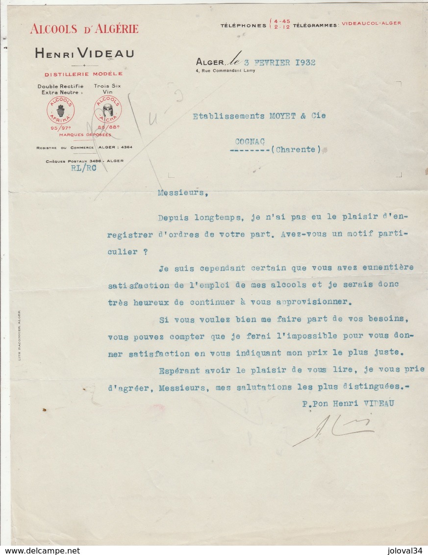 Algérie Lettre 3/2/1932 Henri VIDEAU Alcools D' Algérie Distillerie ALGER - Autres & Non Classés