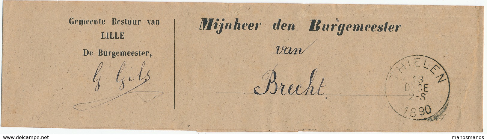 746/28 - Bande IMPRIMEE En FRANCHISE - De Burgemeester , Gemeentebestuur LILLE Via THIELEN 1890 Vers BRECHT - Franchise