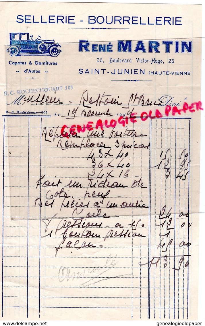 87 - SAINT JUNIEN - RARE FACTURE RENE MARTIN - SELLERIE BOURRELLERIE AUTOMOBILE-VOITURE - 26 BD VICTOR HUGO - 1939 - Old Professions