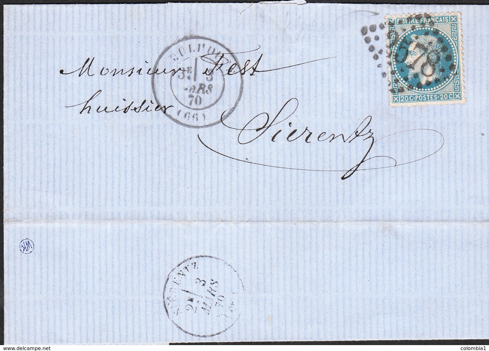 Enveloppe Empire 20c De MULHOUSE (2578) Du 3 Mars 1870 Via SIERENTZ - 1849-1876: Periodo Clásico