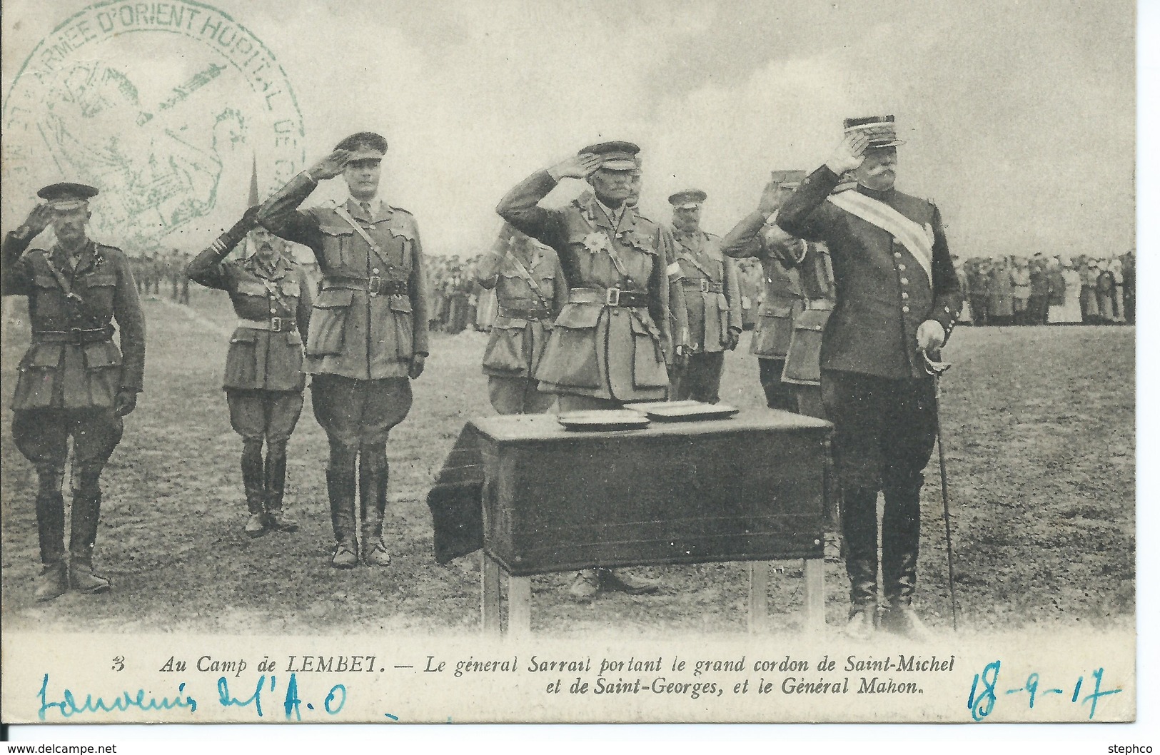 CPA FRONT D'ORIENT SALONIQUE CACHET MILITAIRE "Le Générail Sarrail Au Camp De Lembet" - Grecia