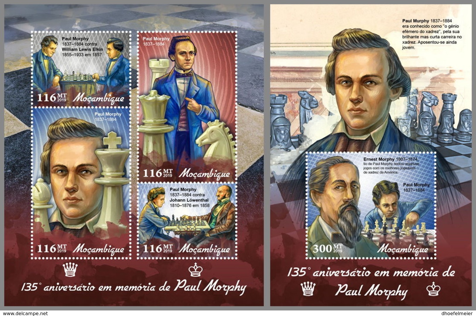 MOZAMBIQUE 2019 MNH Paul Morphy Chess Schach Echecs M/S+S/S - IMPERFORATED - DH1909 - Echecs
