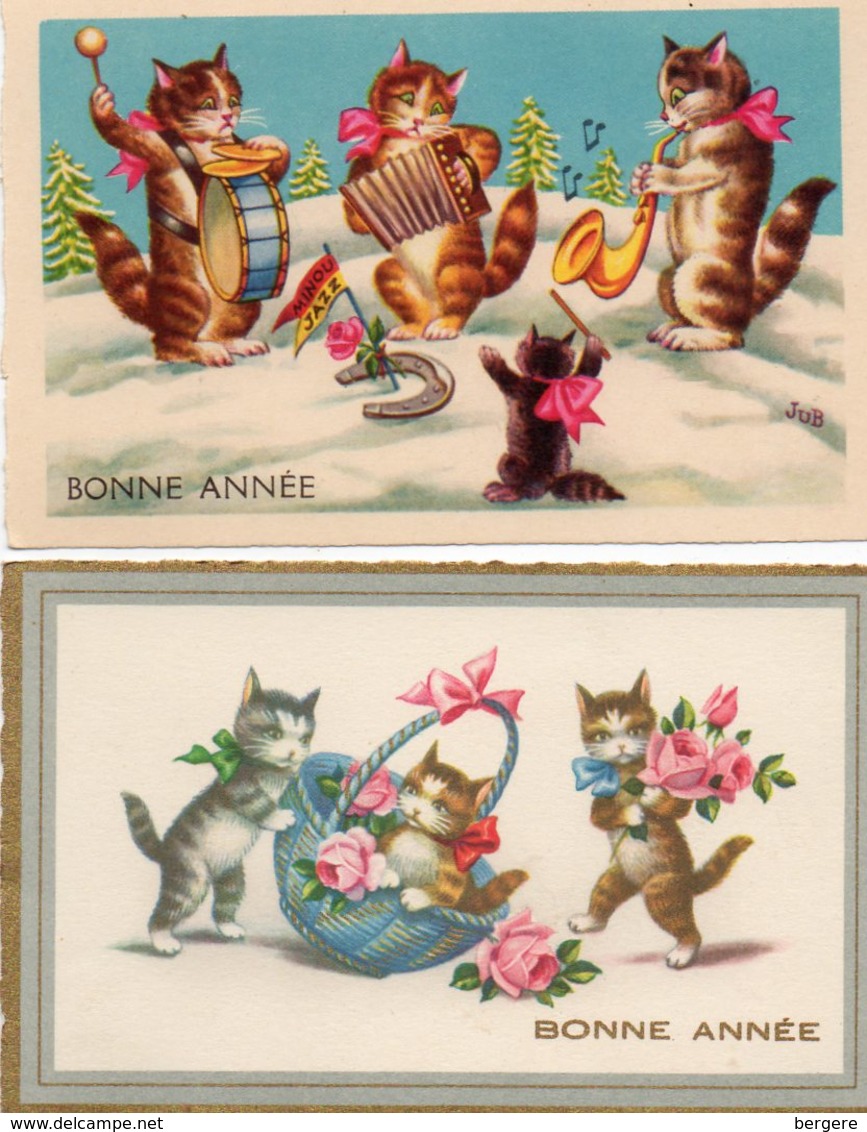 2 Petites Cartes. CHATS Musiciens, Chats Fleurs Corbeille Par M D . - Katten