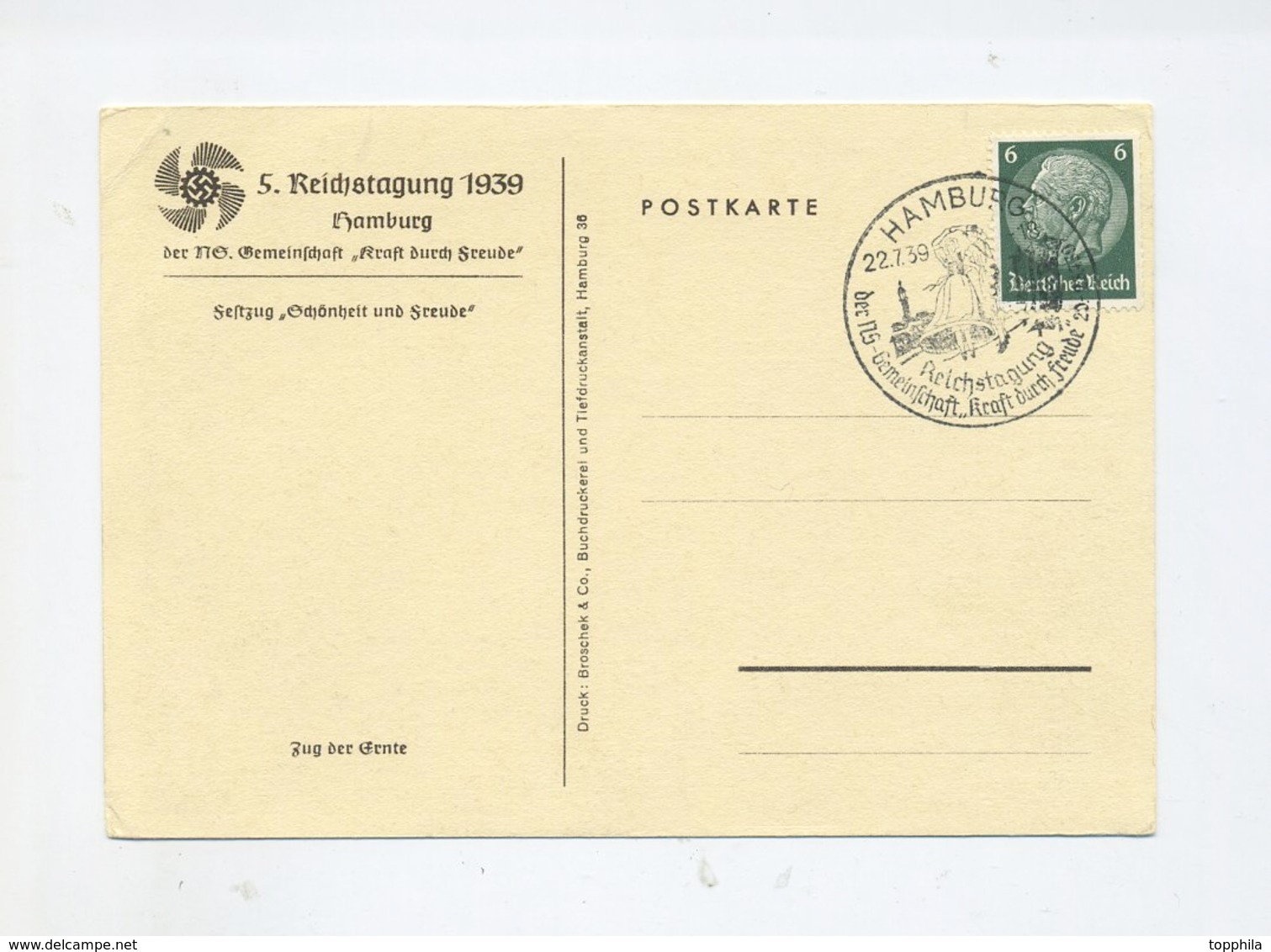 1939  3. Reich  Sonderkarte  Zur 5. KdF Reichstagung Hamburg  Festzug Der Ernte Frankiert Mit SST - Storia Postale