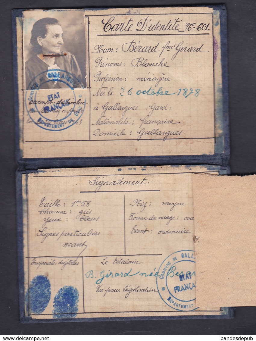 Gallargues (30) - Carte D' Identité Berard Femme Girard Blanche  établie En 1944 Et Recepisse - Gallargues-le-Montueux