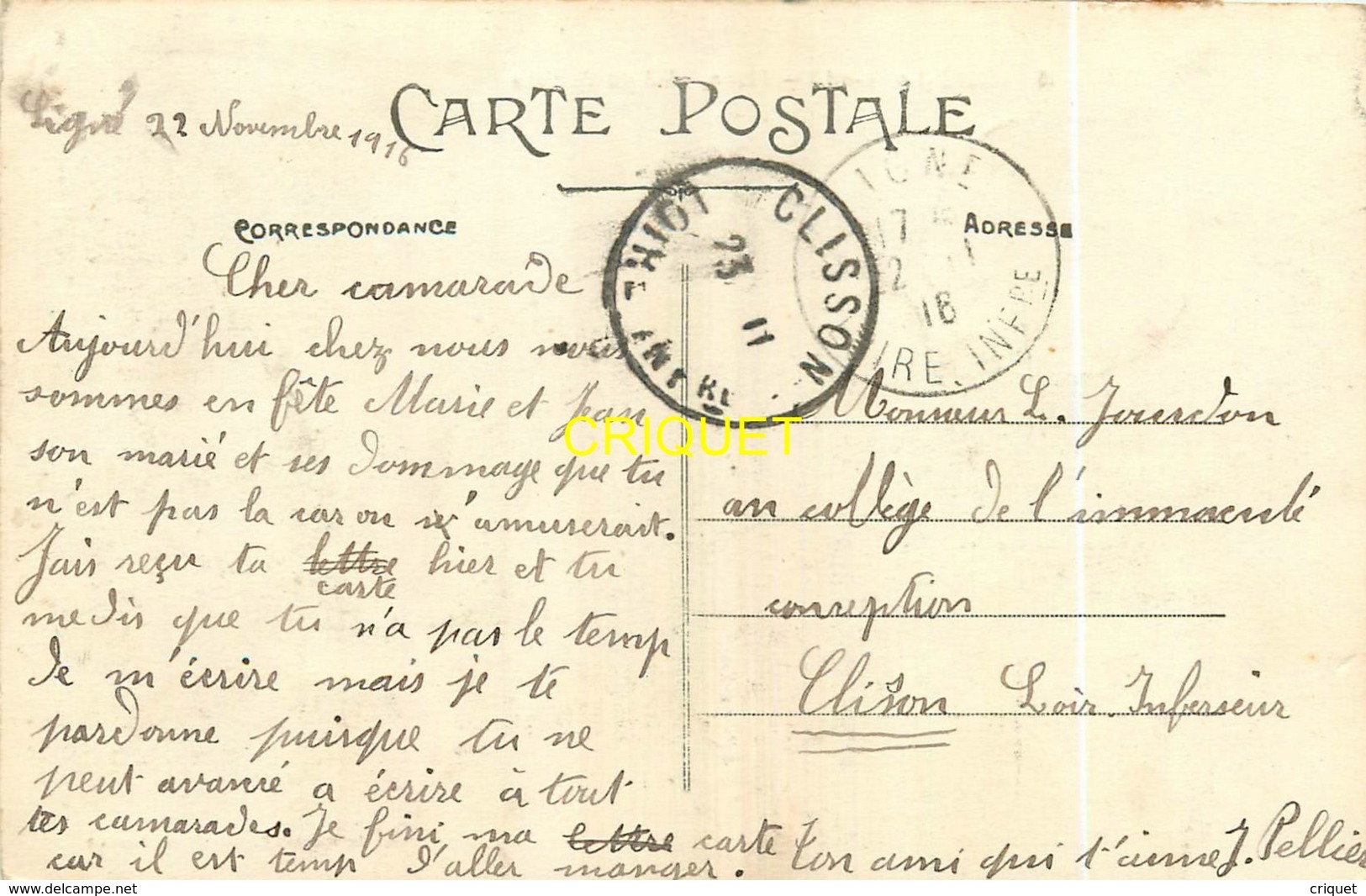 44 Ligné, Place Côté De L'Eglise, Carte Pas Courante Affranchie 1916 - Ligné