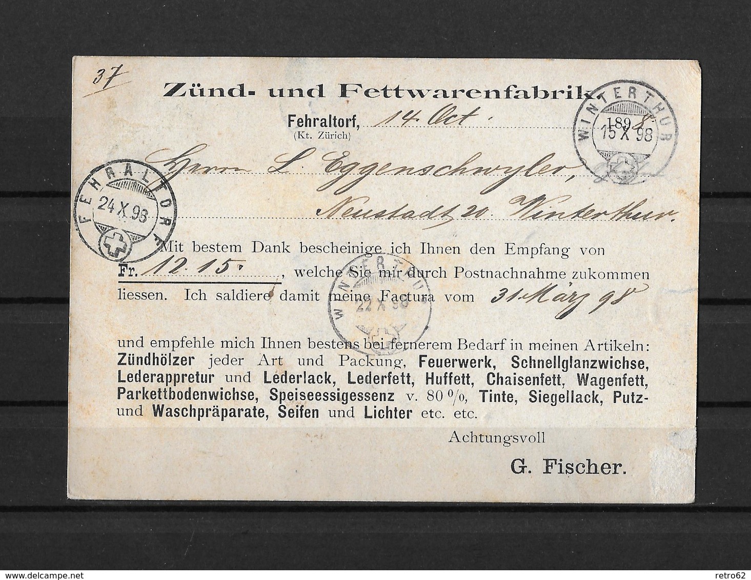 NACHNAHME / REMBOURSEMENT → G.Fischer Fehraltorf Nach Winterthur ►SBK-67D 1898◄ - Lettres & Documents