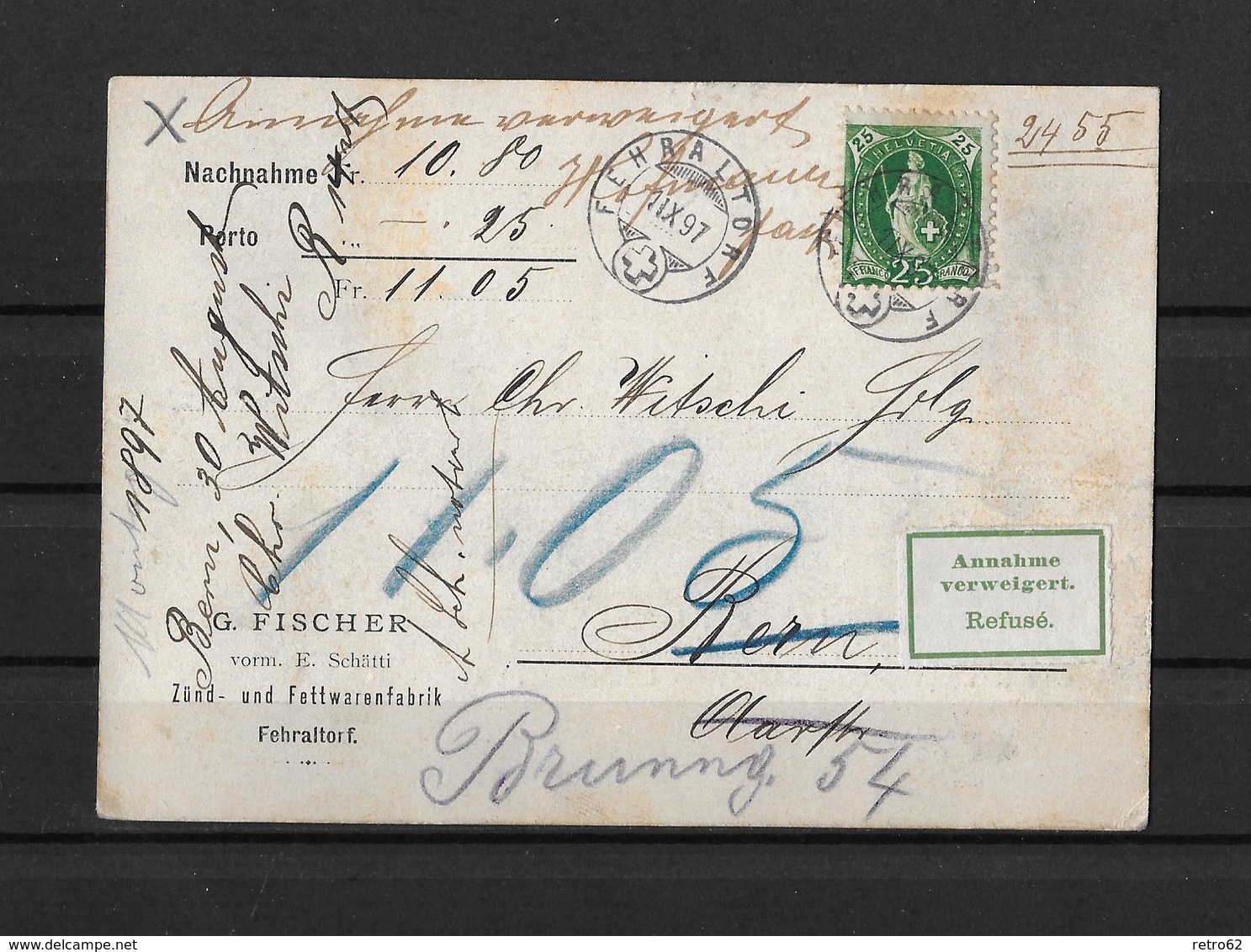 NACHNAHME / REMBOURSEMENT → G.Fischer Fehraltorf Nach Bern  ►SBK-67D 1897◄ - Lettres & Documents