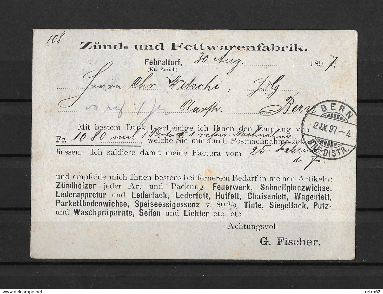 NACHNAHME / REMBOURSEMENT → G.Fischer Fehraltorf Nach Bern  ►SBK-67D 1897◄ - Lettres & Documents