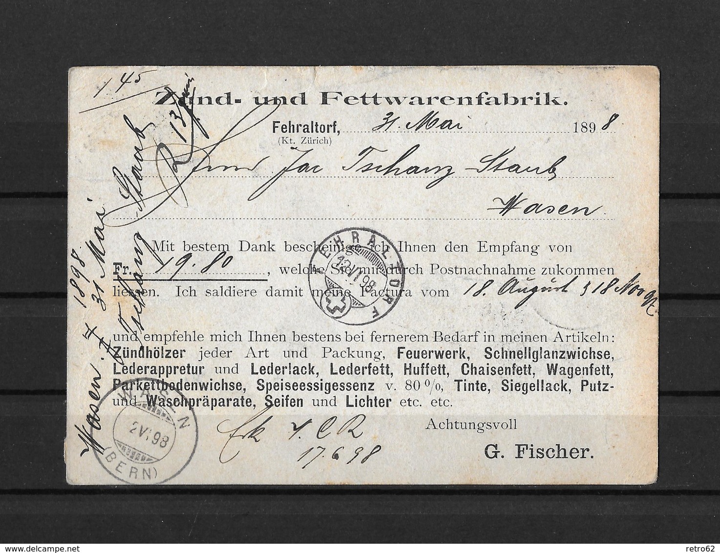 NACHNAHME / REMBOURSEMENT → G.Fischer Fehraltorf Nach Wasen/BE   ►SBK-67D 1898◄ - Lettres & Documents