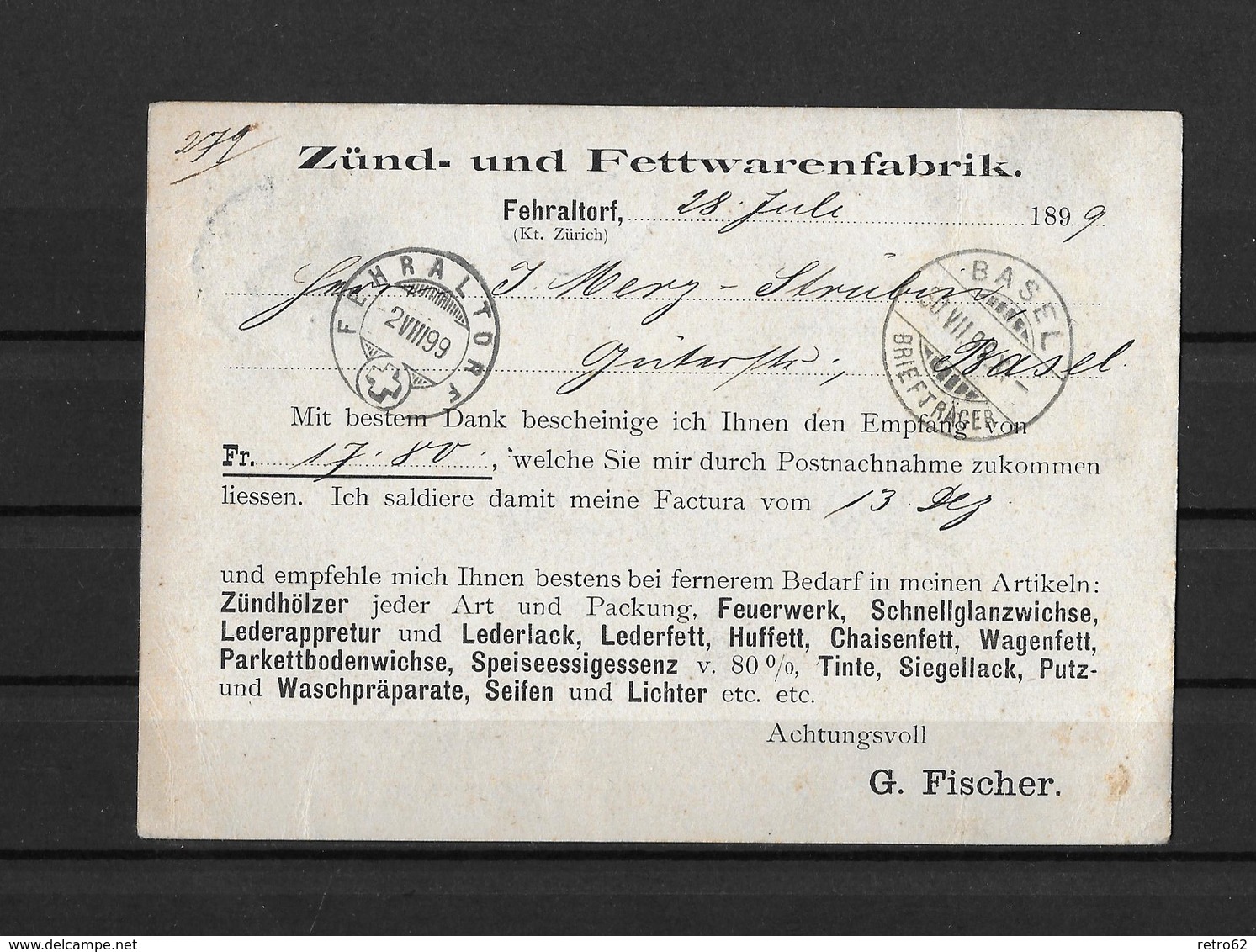 NACHNAHME / REMBOURSEMENT → G.Fischer Fehraltorf Nach Basel   ►SBK-67D 1899◄ - Lettres & Documents