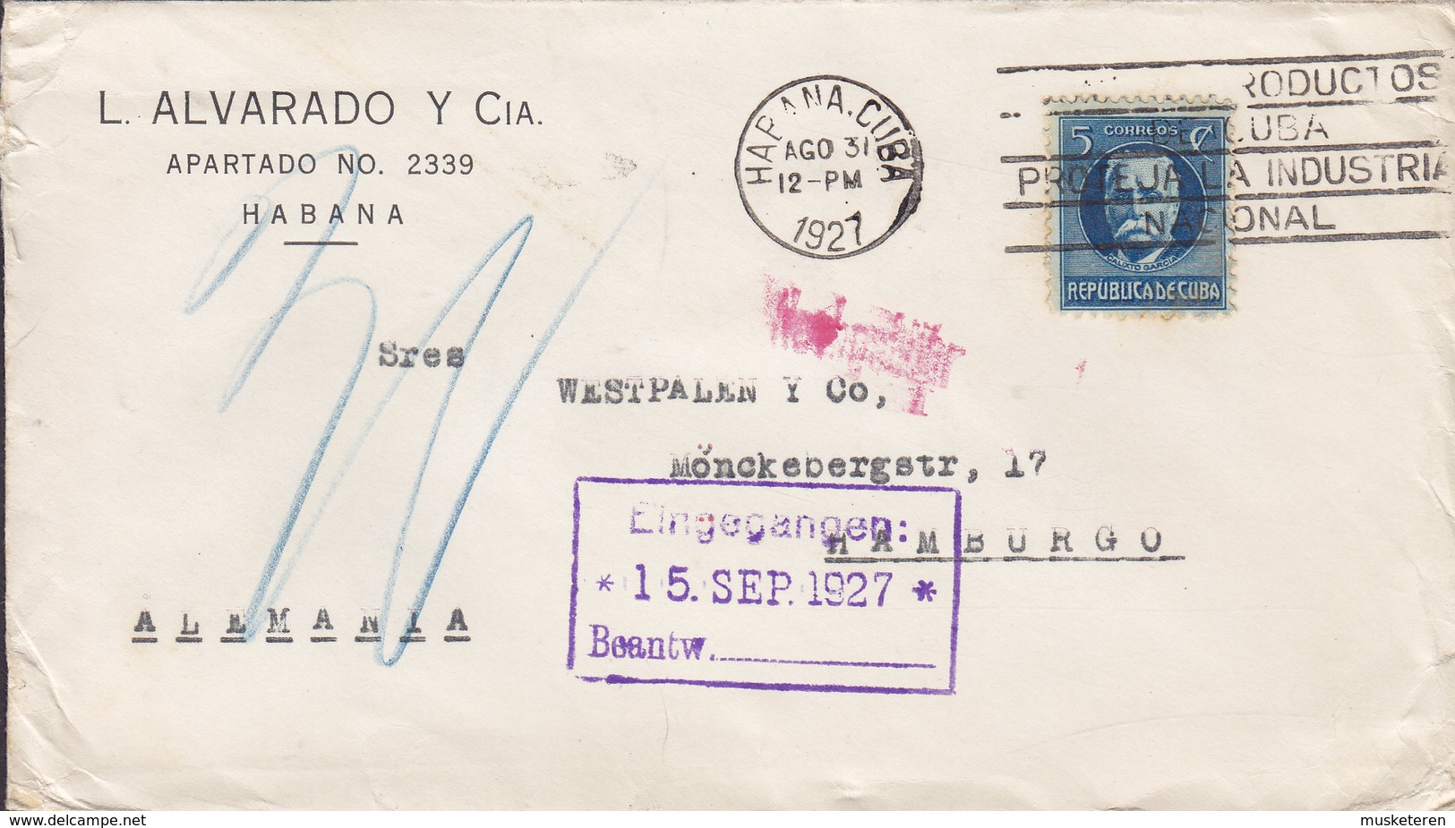 L. ALVARADO Y Cia. HABANA 1927 Cover Letra HAMBURG Germany Calixto Garcia - Cartas & Documentos