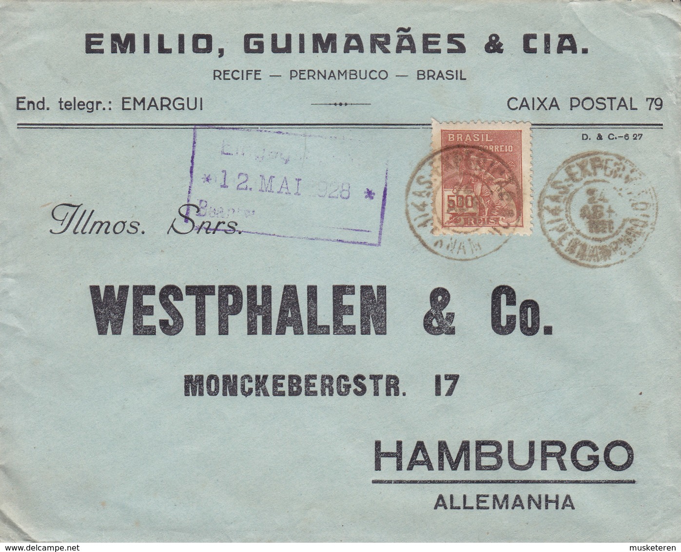 Brazil EMILIO, GUIMARAES & CIA., PERNAMBUCO 1928 Cover Letra HAMBURG Germany - Cartas & Documentos