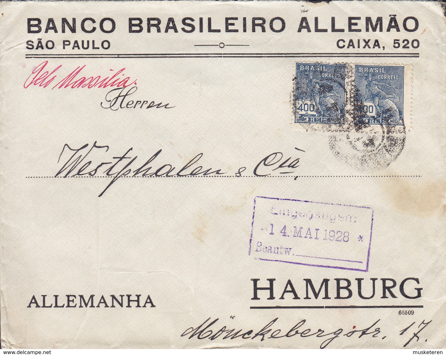 Brazil BANCO BRASILEIRO ALLEMAO, SAO PAULO/CAIXA 1928 Cover Letra HAMBURG Germany Pelo 'S/S MASSILIA' Shipsmail - Cartas & Documentos