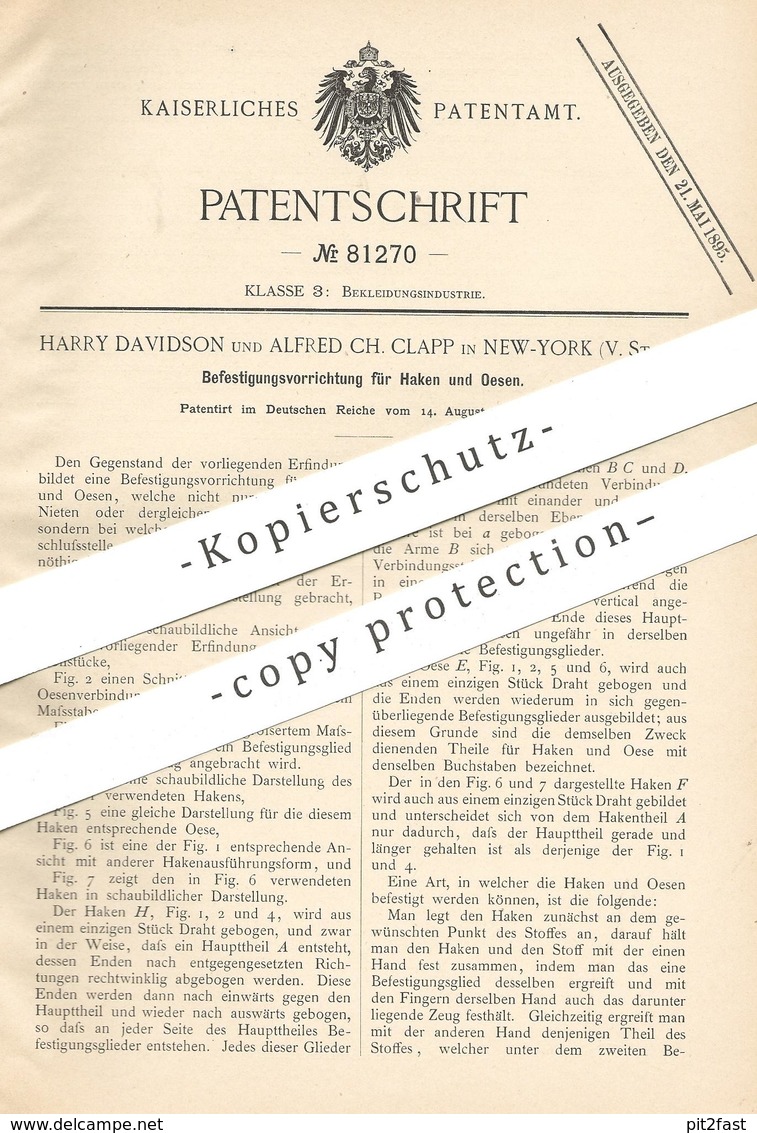 Original Patent - Harry Davidson , Alfred Ch. Clapp , New York , USA , 1894 , Befestigung Für Haken & Ösen An Bekleidung - Historische Dokumente