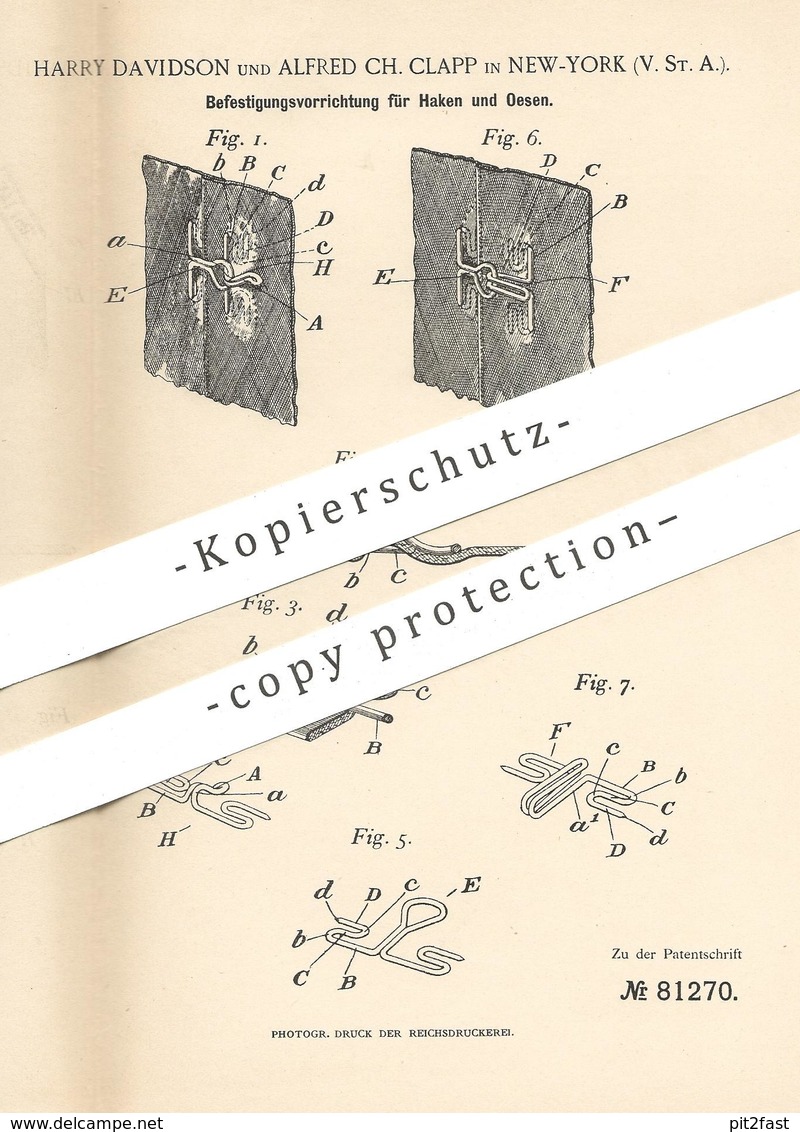 Original Patent - Harry Davidson , Alfred Ch. Clapp , New York , USA , 1894 , Befestigung Für Haken & Ösen An Bekleidung - Historische Dokumente