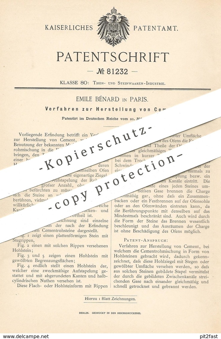 Original Patent - Emile Bénard , Paris , Frankreich , 1894 , Herstellung Von Zement | Cement | Ziegel , Ton , Beton !! - Historische Dokumente