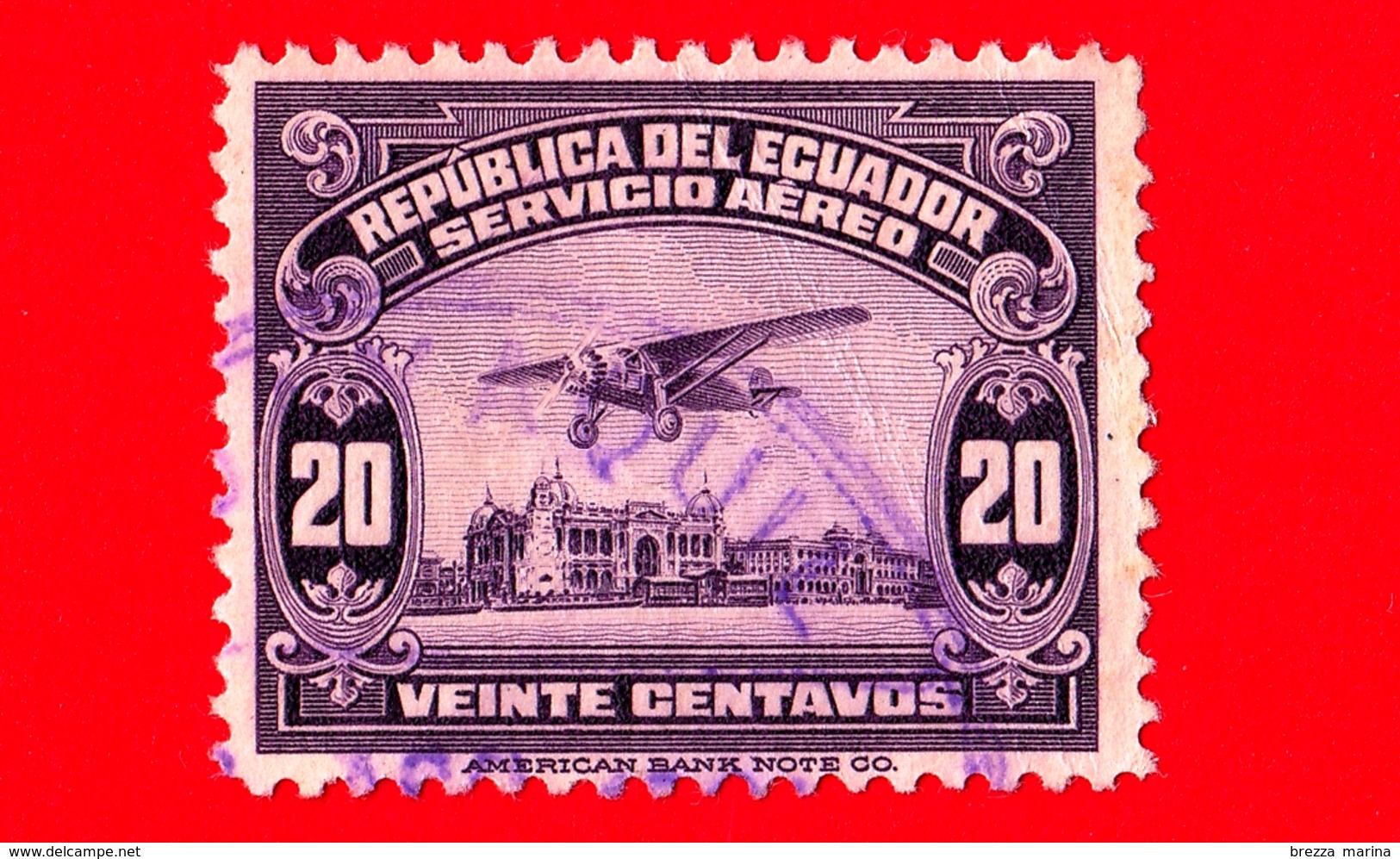 ECUADOR - Usato - 1929 - Aeroplano Sul Lungomare Di Guayaquil - 20 - P. Aerea - Ecuador