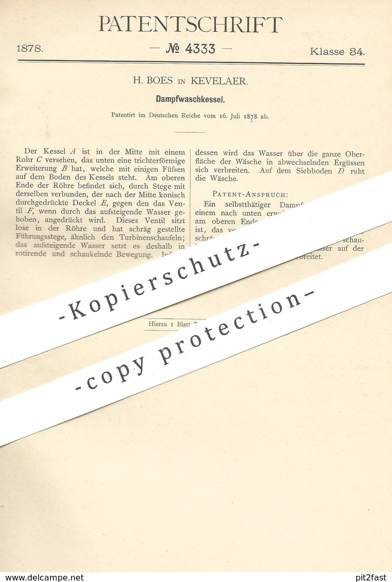 Original Patent - H. Boes , Kevelaer 1878 , Dampfwaschkessel | Dampf Waschkessel | Wäschekessel , Kessel , Wasserkessel - Historische Dokumente