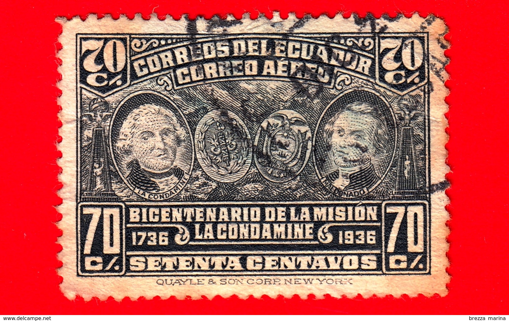 ECUADOR - Usato - 1936 - Bicentenario Della Spedizione Scientifica La Condamine - 70 - P. Aerea - Ecuador