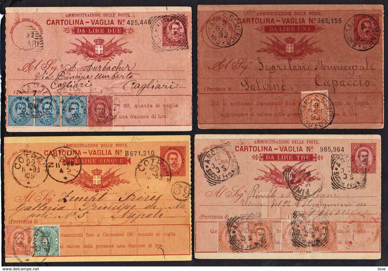 ITALIE: RARE Lot De 8 Mandats- Cartes Obl. Entre 1892/ 1894, De 1 Lire à 15 Lires - Entiers Postaux