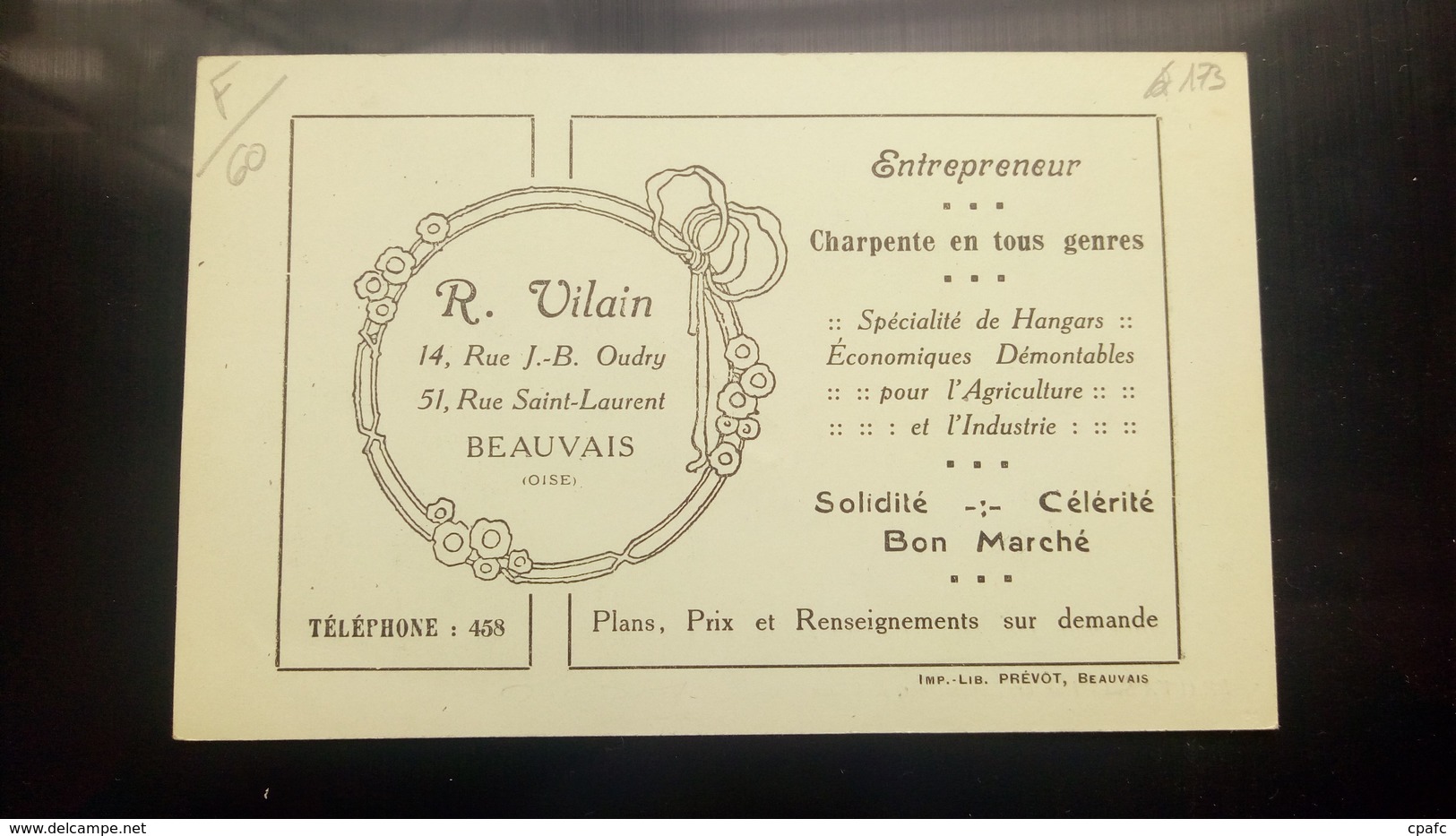 Beauvais - Hangars économiques, R. VILAIN, Charpente En Tout Genre - Au Dos Publicité De L'entrepreneur/ Editions Prévot - Beauvais