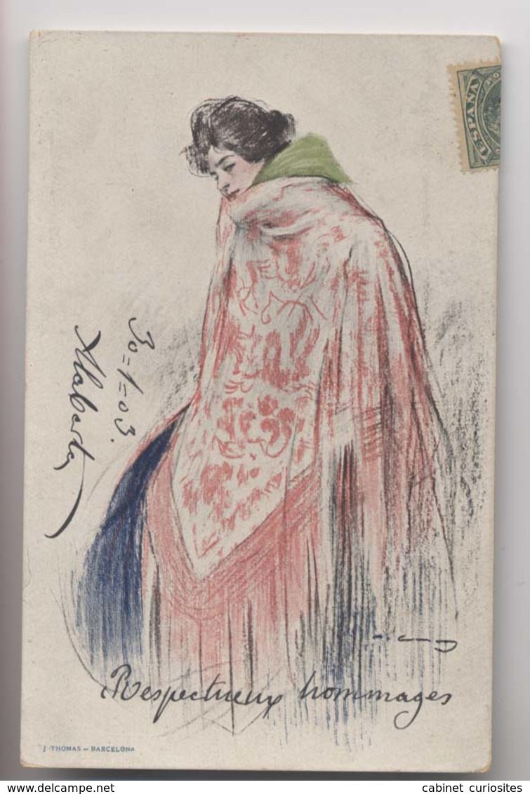 Illustration Signée - 1903 - Femme Au Châle Rose - Editeur J. Thomas Barcelona - Autres & Non Classés