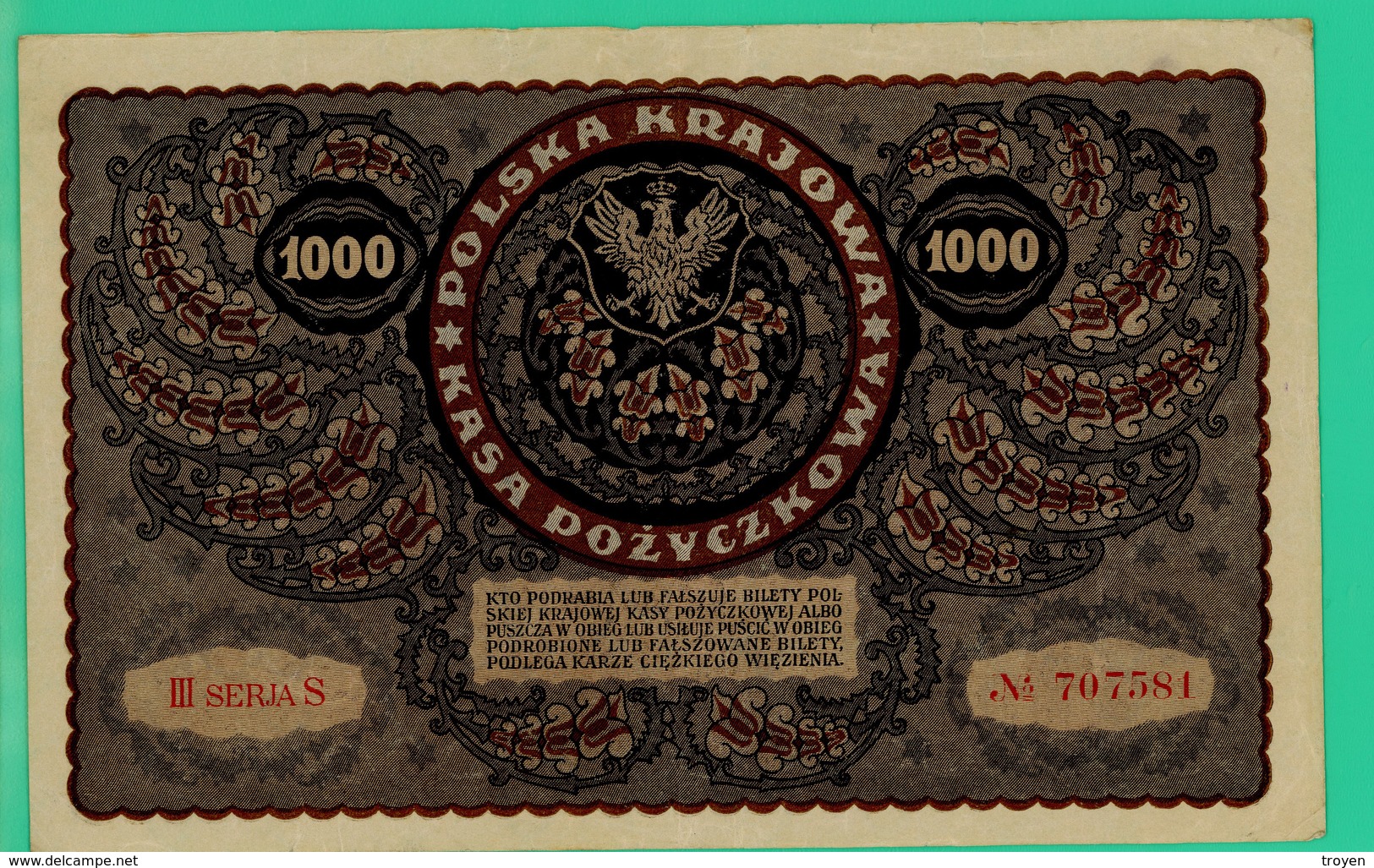 1000 Marek - Pologne - 1919 - N° 707581 / III Seria S - TTB - - Poland