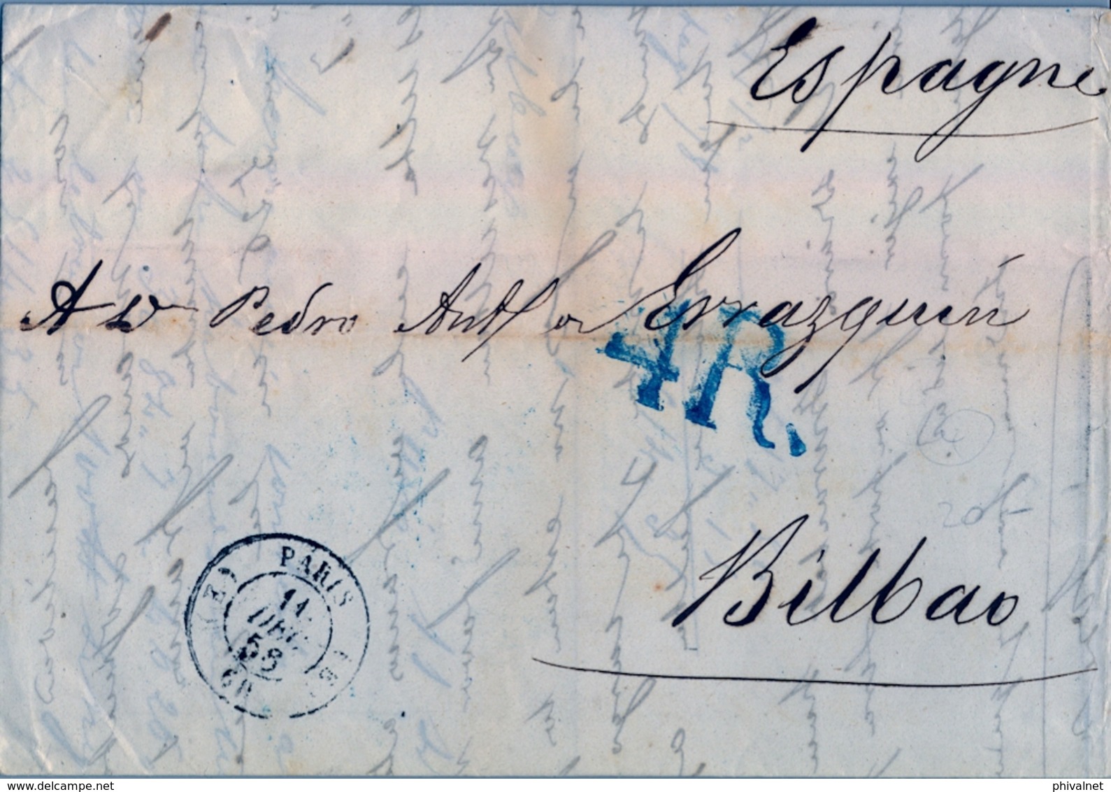 1858 FRANCIA , CARTA CIRCULADA , PARIS - BILBAO , PORTEO , TRÁNSITO DE IRÚN , LLEGADA - 1849-1876: Periodo Clásico