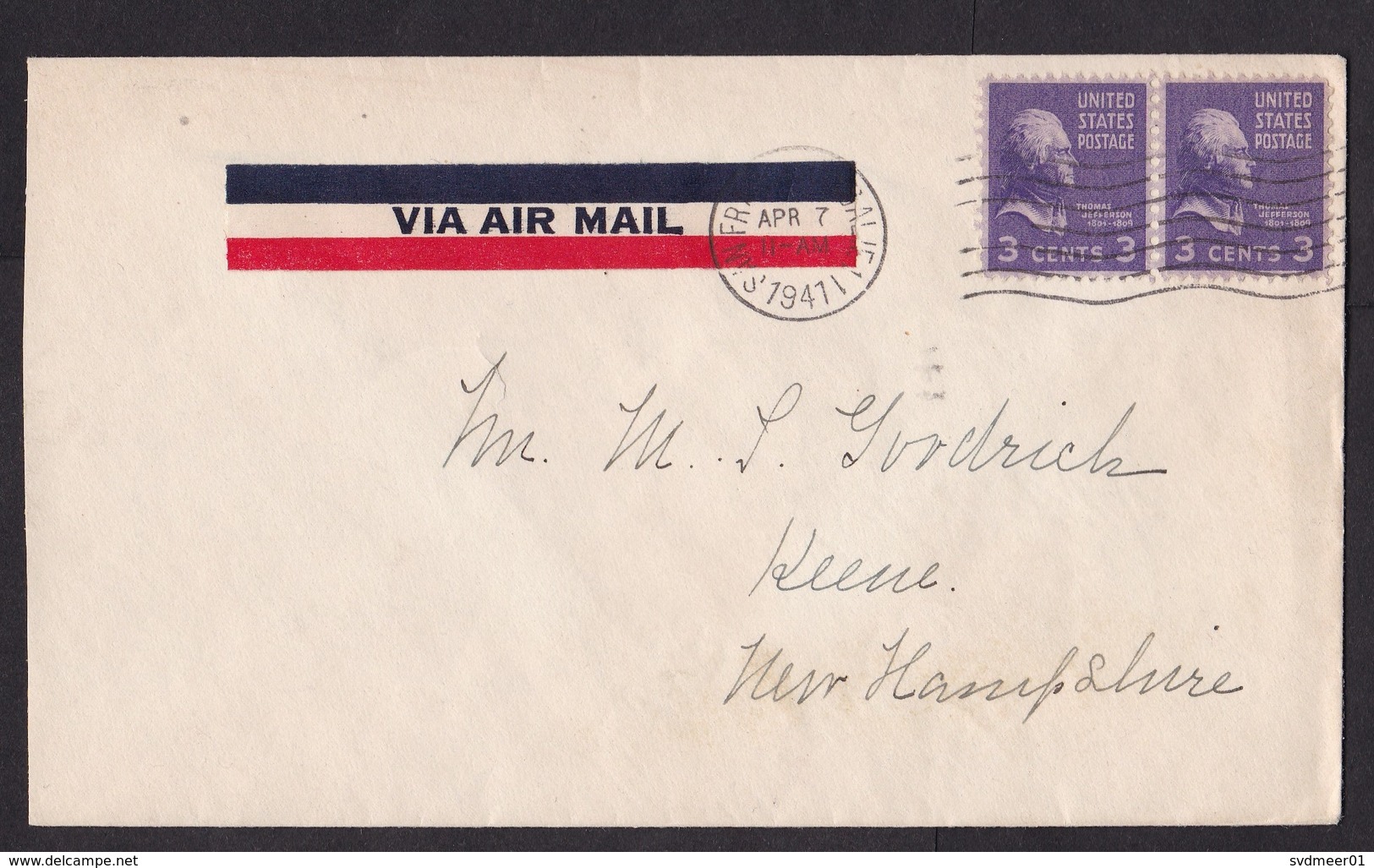 USA: Airmail Cover, 1941, 2 Stamps, Thomas Jefferson, Air Label (minor Discolouring) - Brieven En Documenten