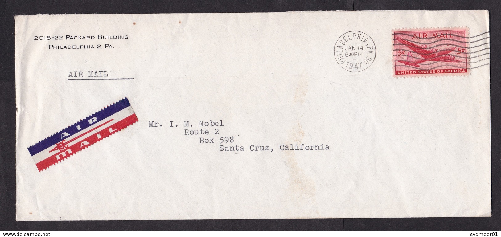 USA: Airmail Cover, 1947, 1 Stamp, Airplane, Air Label (minor Damage) - Brieven En Documenten