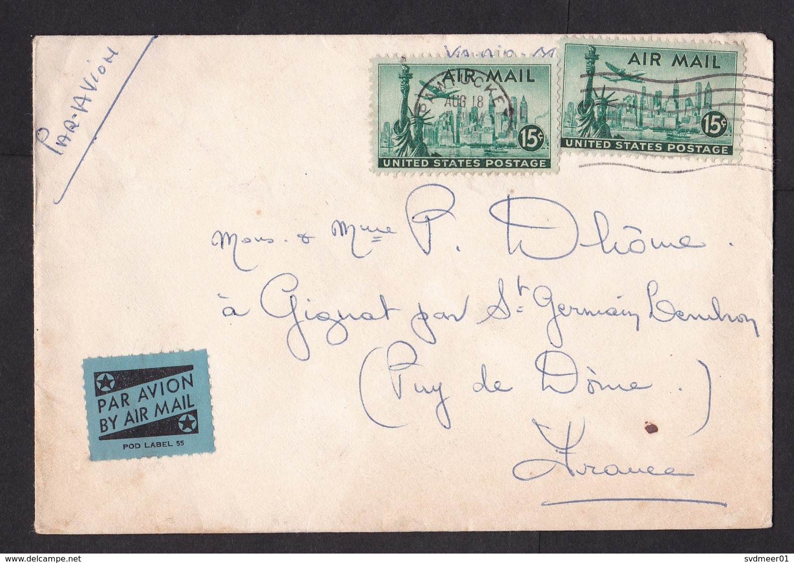 USA: Airmail Cover To France, 1940s, 2 Stamps, Skyline New York, Statue Of Liberty, Air Label POD 55 (minor Damage) - Brieven En Documenten