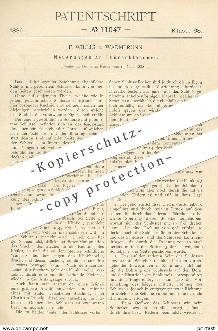 Original Patent - F. Willig , Warmbrunn , 1880 , Türschloss | Türschlösser , Tür , Schloss | Schlosser , Schlosserei !! - Historische Dokumente