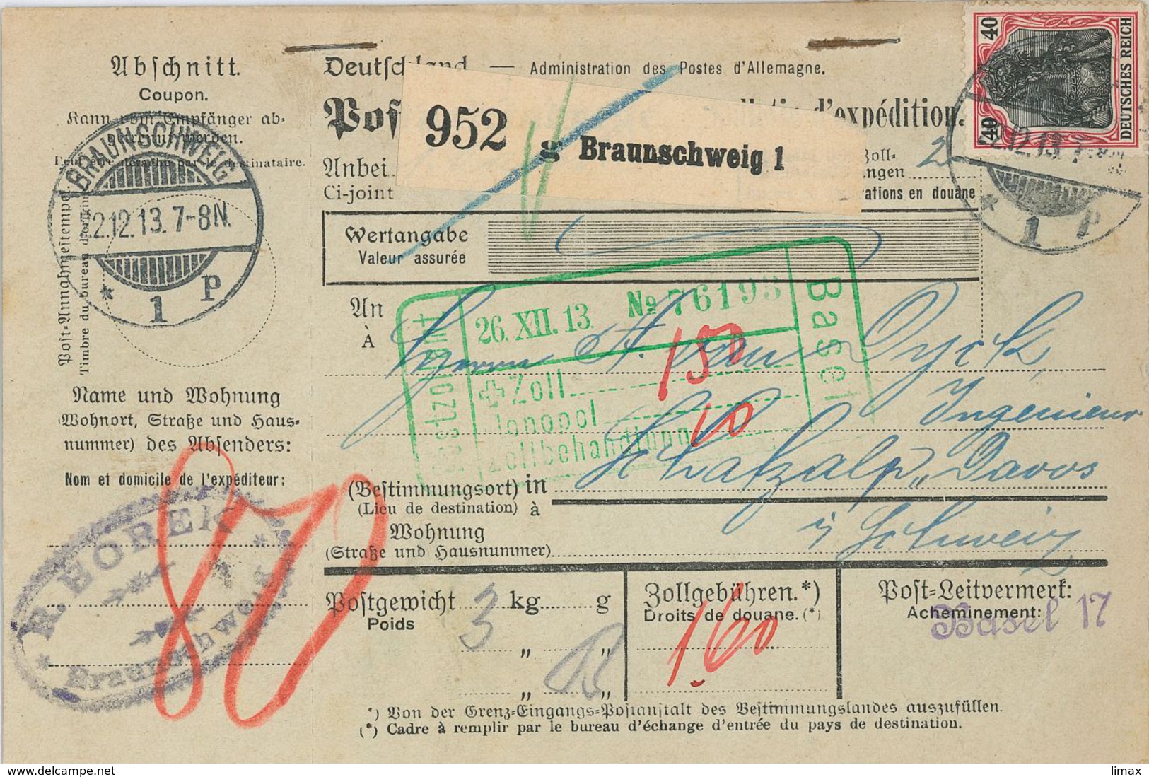 Paketkarte Nach Davos Schatzalp Sanatorium Mann Zauberberg Von Borek Braunschweig Basel Badischer Basel 1913 - Covers & Documents