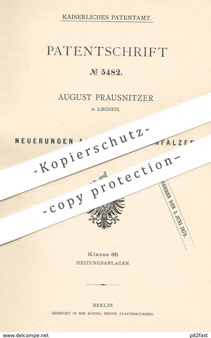 Original Patent - August Prausnitzer , Liegnitz  1878 , Kochplattenfalz | Kochplatte , Kochherd , Herd , Ofen , Kochofen - Historische Dokumente