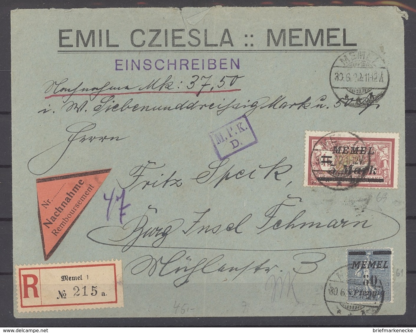 Memel, Nachnahme R - Brief 1922 Mit MiF Aus Memel Nach Fehmarn (26044) - Memel (Klaïpeda) 1923