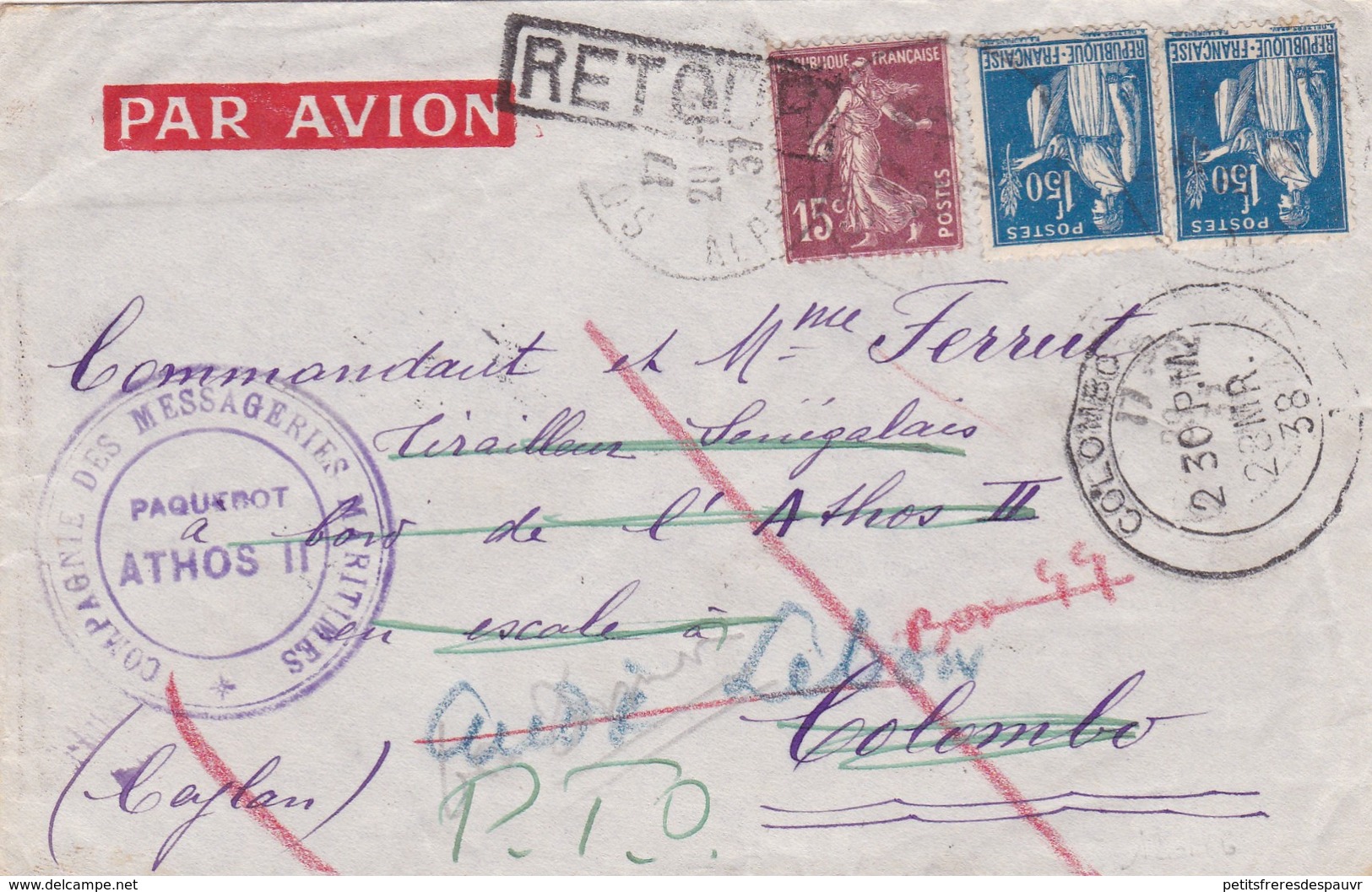 FRANCE 2 Cachets PAQUEBOT ATHOS II / A LEBON Verso Cie Messag. Maritimes S/lettre Pour COLOMBO Et Retour 28/3/1938 - Poste Maritime