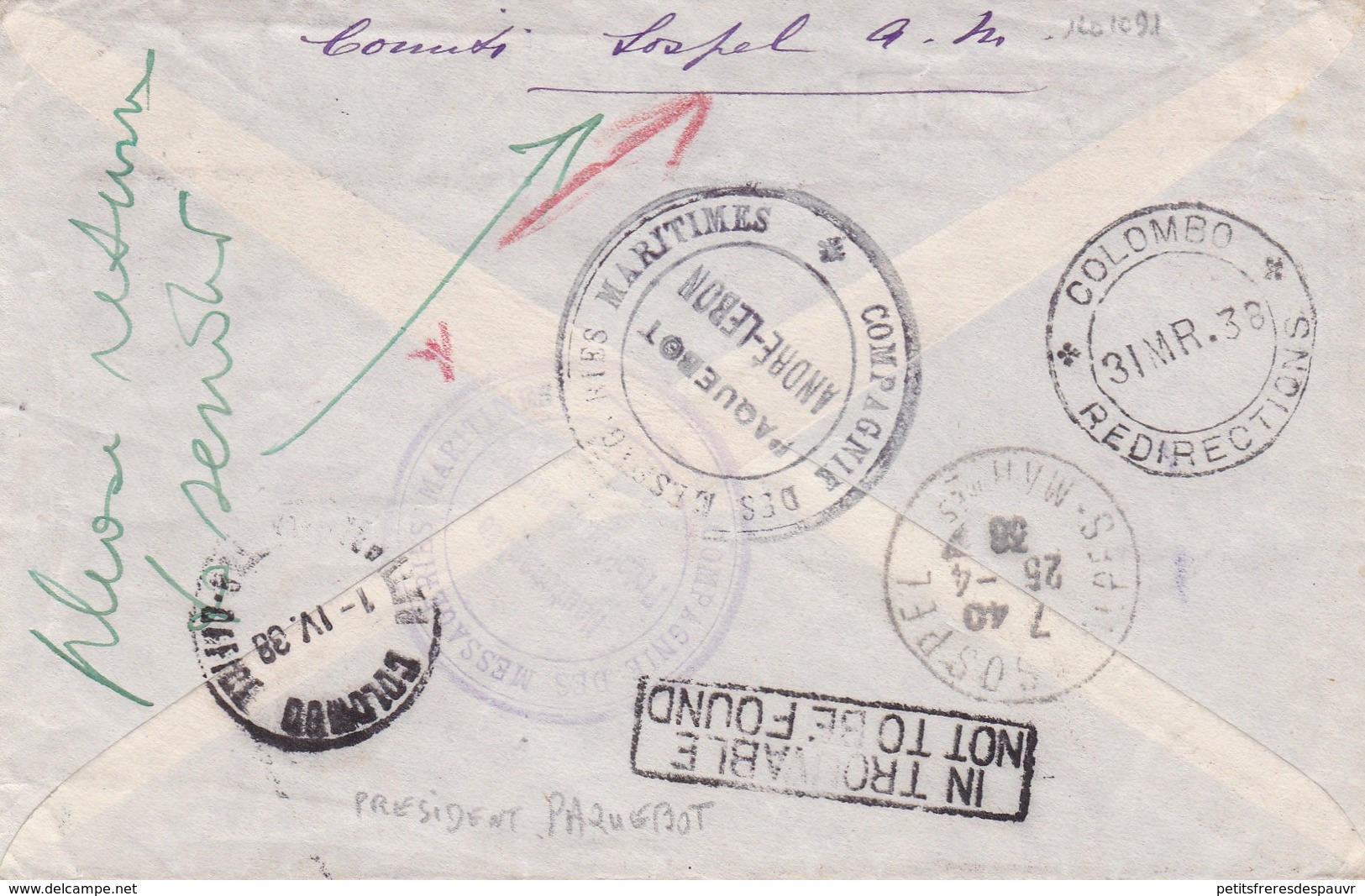 FRANCE 2 Cachets PAQUEBOT ATHOS II / A LEBON Verso Cie Messag. Maritimes S/lettre Pour COLOMBO Et Retour 28/3/1938 - Poste Maritime