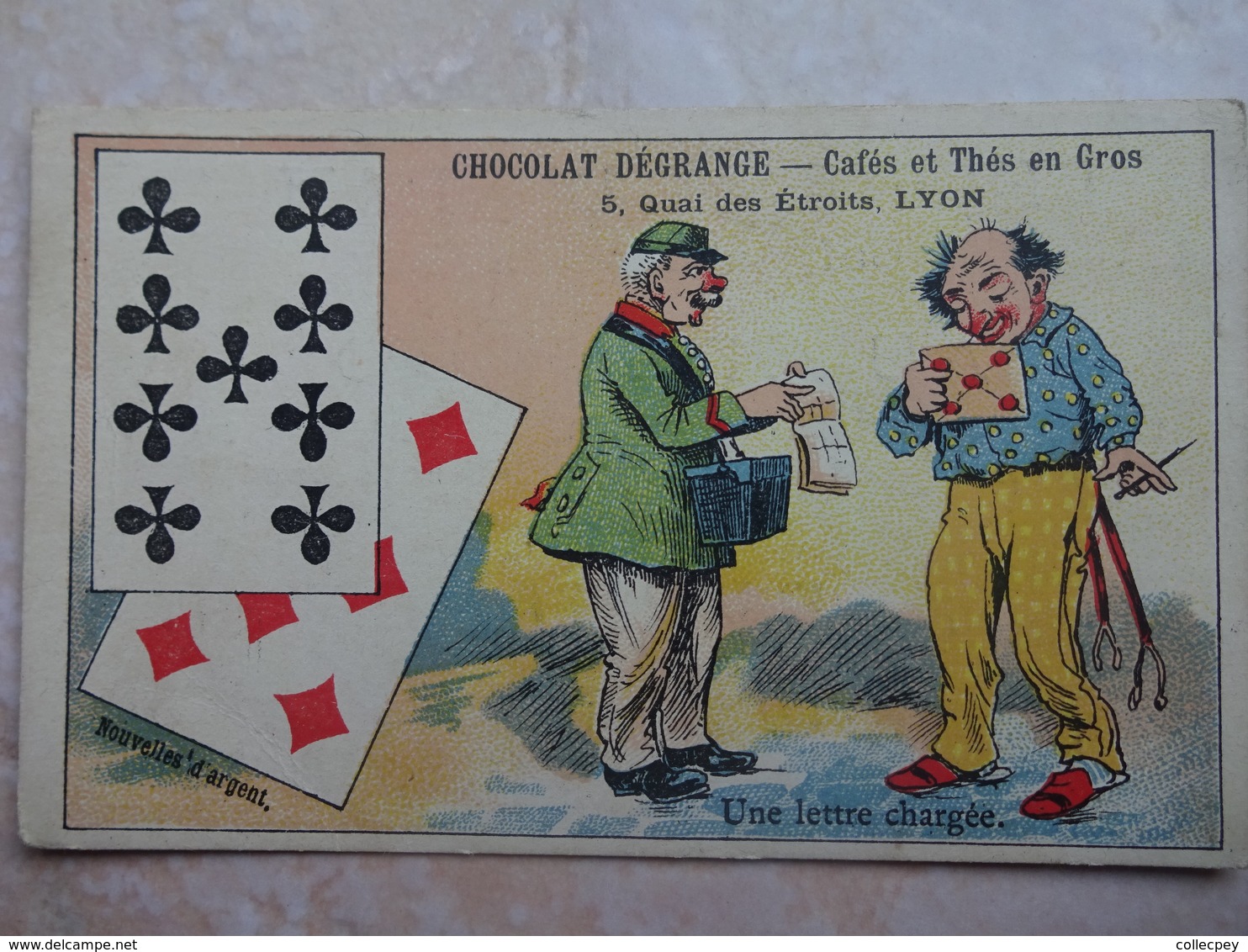 Chromo LYON Chocolat DEGRANGE - Carte à Jouer 9 Trêfle 7 Carreau - Autres & Non Classés