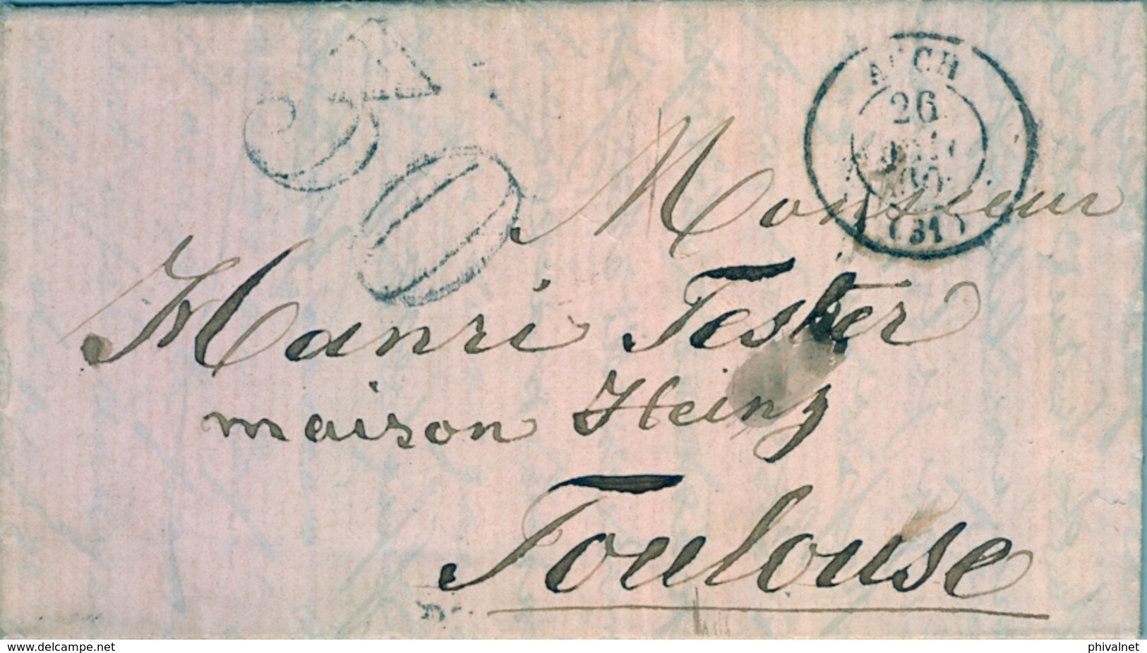 1860 FRANCIA , CARTA CIRCULADA , AUCH - TOULOUSE , LLEGADA - 1849-1876: Periodo Clásico