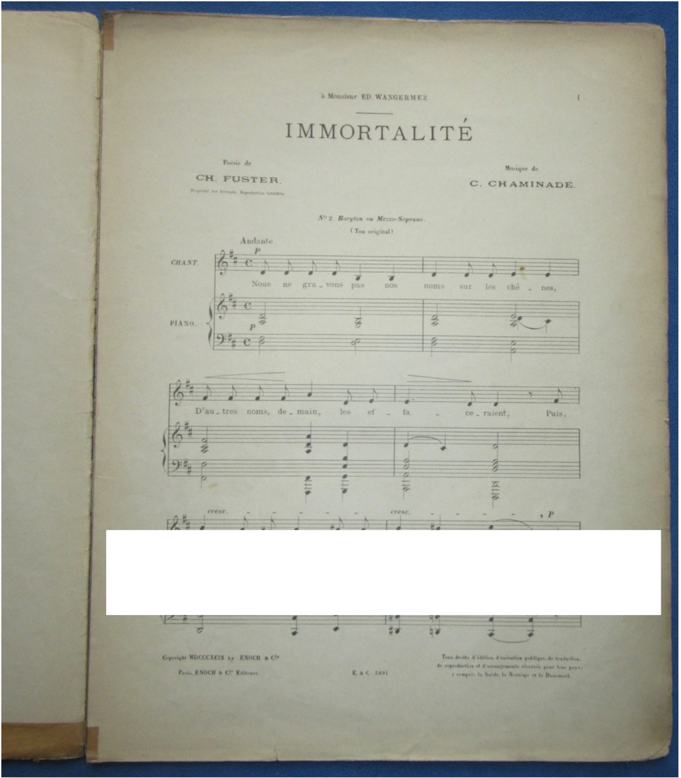 CAF CONC PIANO XIX GF CHANT CÉCILE CHAMINADE PARTITION IMMORTALITÉ CHARLES FUSTER TON ORIGINAL 1899 WANGERMEZ ILL BORIE - Autres & Non Classés