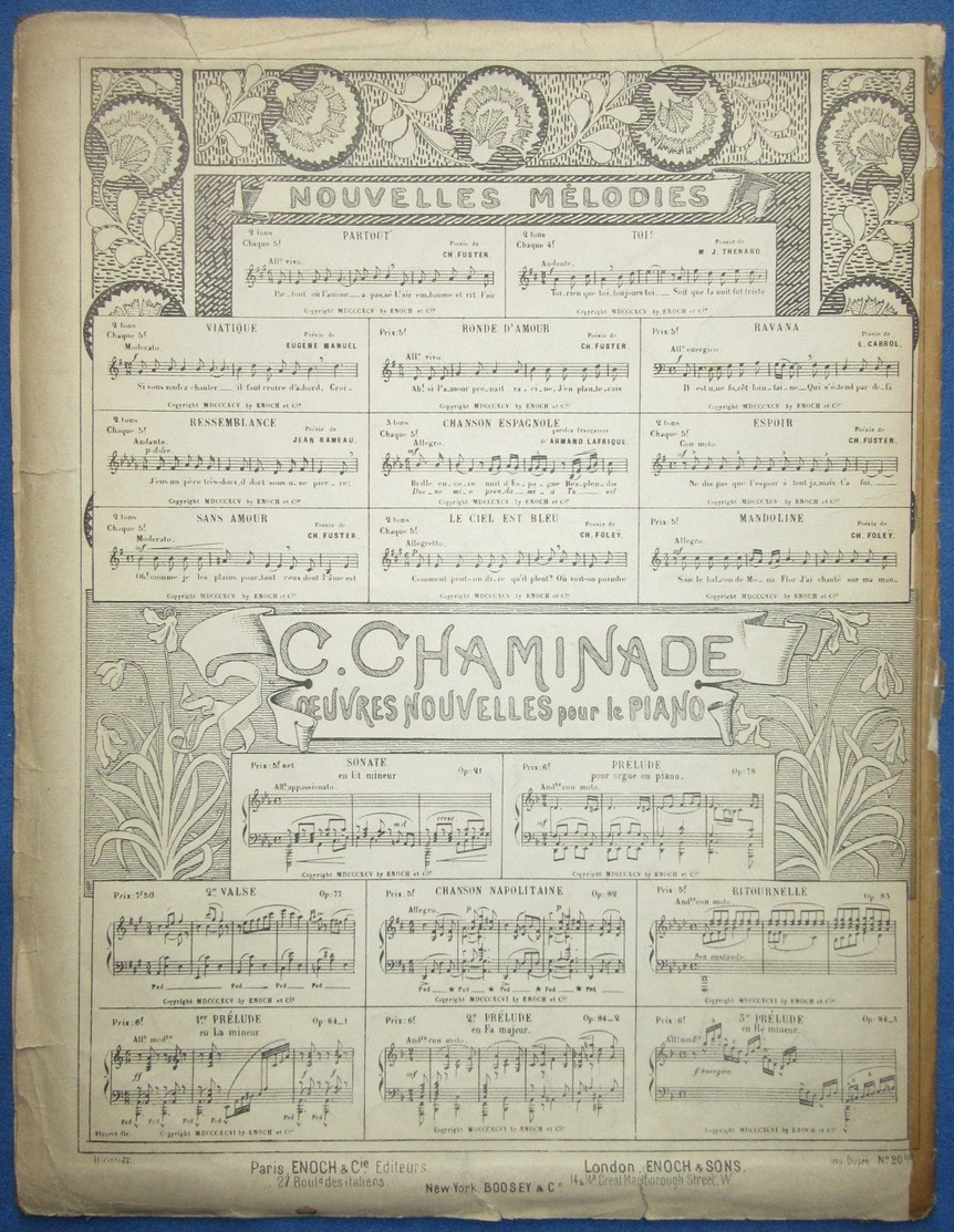 CAF CONC PIANO XIX GF CHANT CÉCILE CHAMINADE PARTITION IMMORTALITÉ CHARLES FUSTER TON ORIGINAL 1899 WANGERMEZ ILL BORIE - Autres & Non Classés