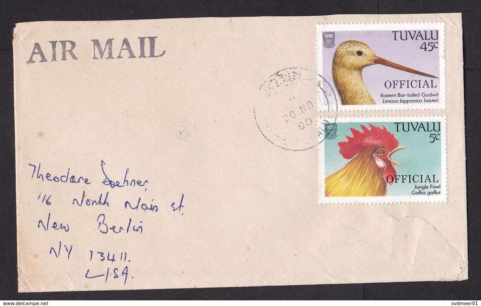 Tuvalu: Official Airmail Cover To USA 1990, 2 Service Stamps, Godwit Bird, Chicken, Animal, Rare Real Use (minor Damage) - Tuvalu