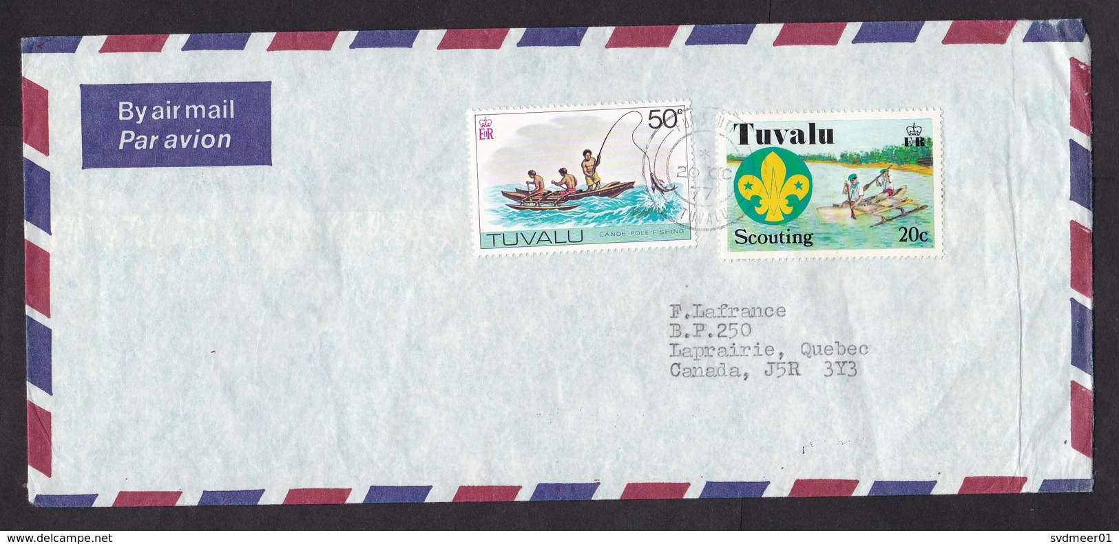 Tuvalu: Airmail Cover To Canada, 1977, 2 Stamps, Scouting, Canoe, Fishing, Rare Real Use (minor Creases) - Tuvalu