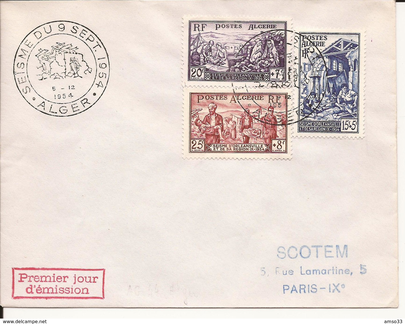 ALGERIE LOT DE 2 ENVELOPPES PREMIER JOUR ALGER SEISME DU 9 SEPTEMBRE 1954 - Lettres & Documents