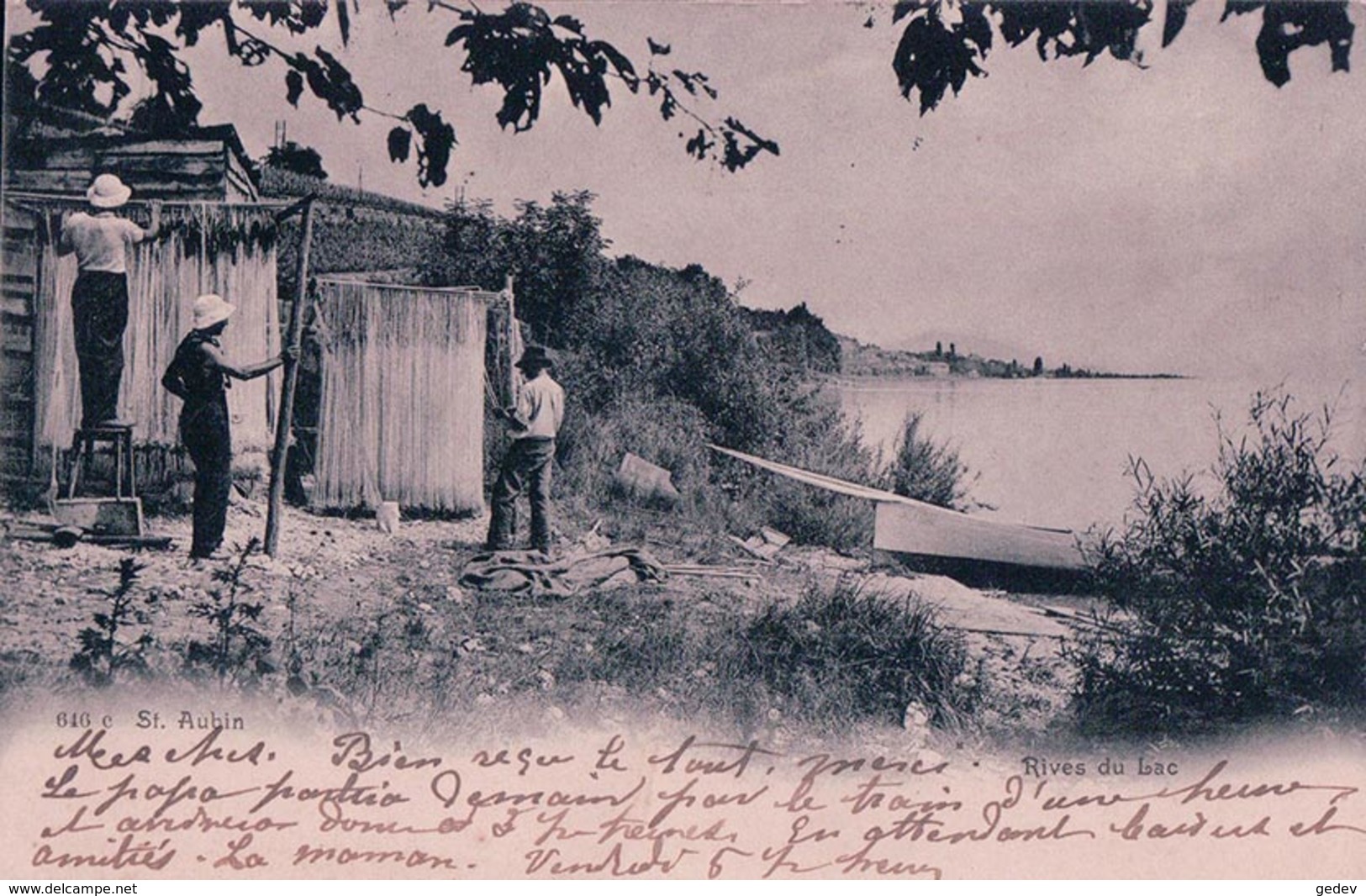 St Aubin, Rives Du Lac, Barque Pêcheurs Et Filets (646 C) - Saint-Aubin/Sauges