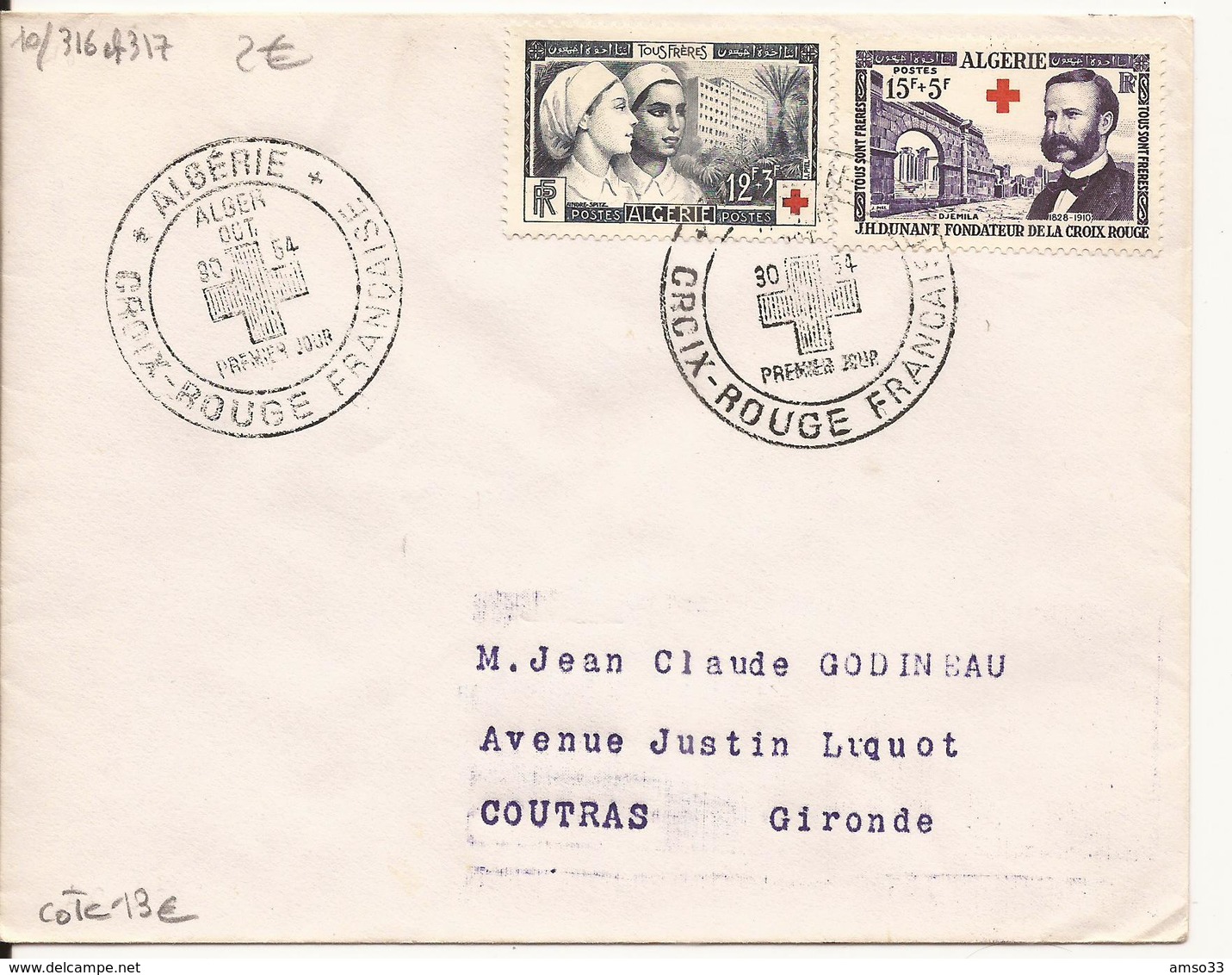 ALGERIE ENVELOPPE PREMIER CROIX-ROUGE FRANCAISE 1954 - Lettres & Documents