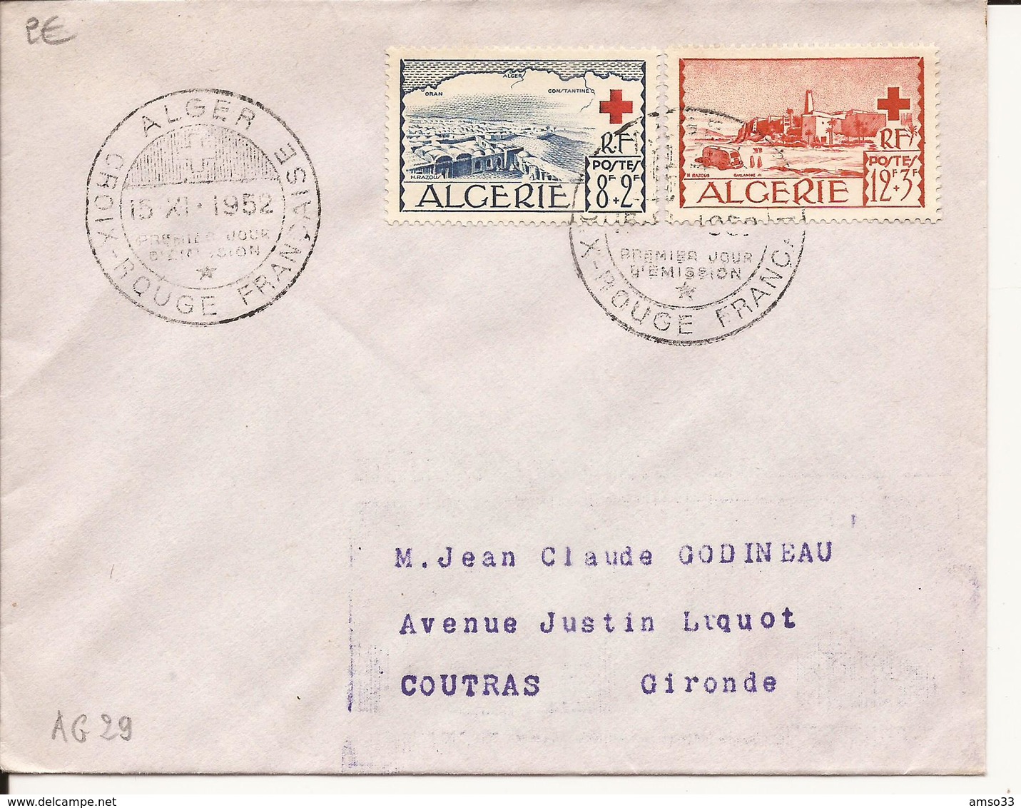 ALGERIE ENVELOPPE PREMIER JOUR CROIX-ROUGE FRANCAISE ALGER 1952 - Lettres & Documents