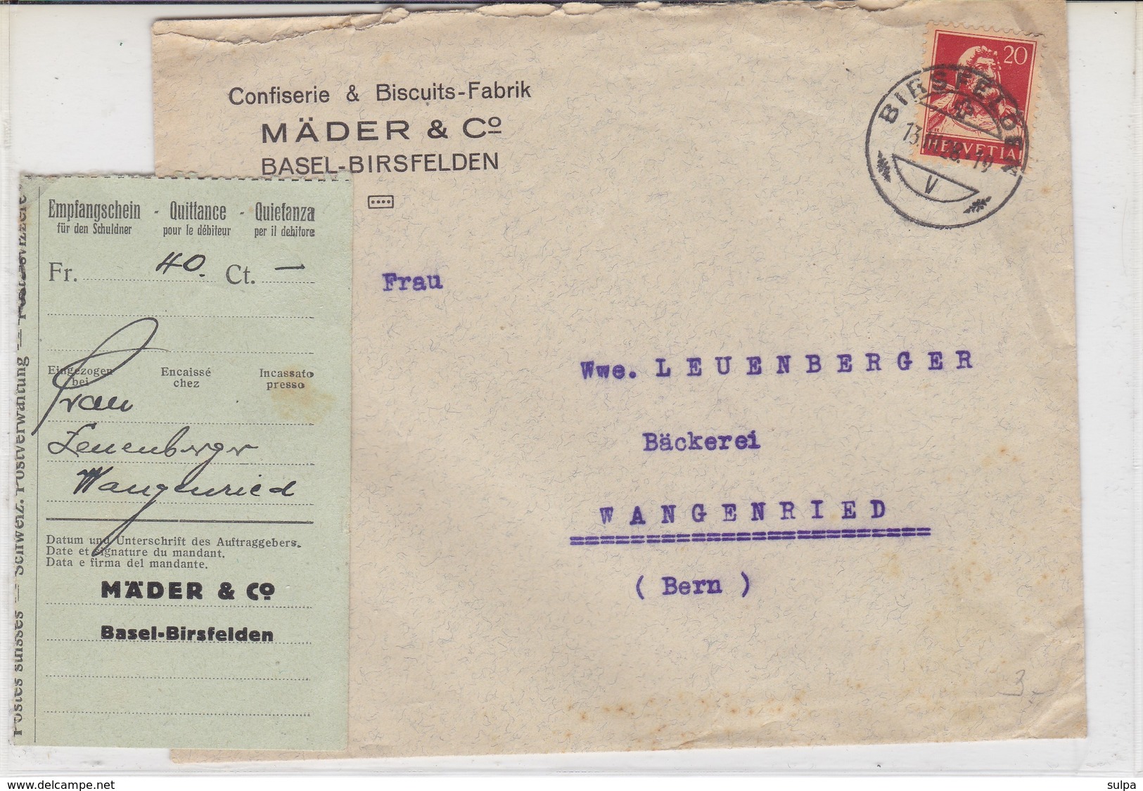 Brief Confiserie & Biscuits-Fabrik Màder & Co, Basel-Birsfelden, 1928 - Suisse